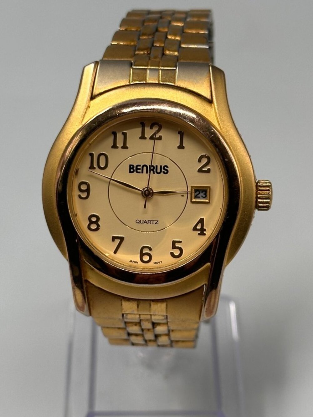 Benrus Mens Watch Gold Tone Round 38MM Date Window New Battery 7.5"